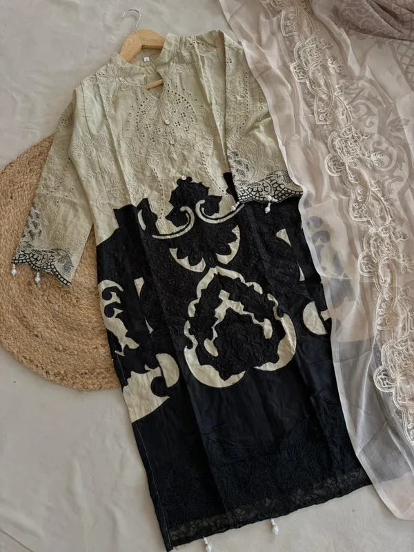 Black_And_Ivory_Premium_Cotton_Kurti_With_Pant_And_Dupatta_Set_For_Women