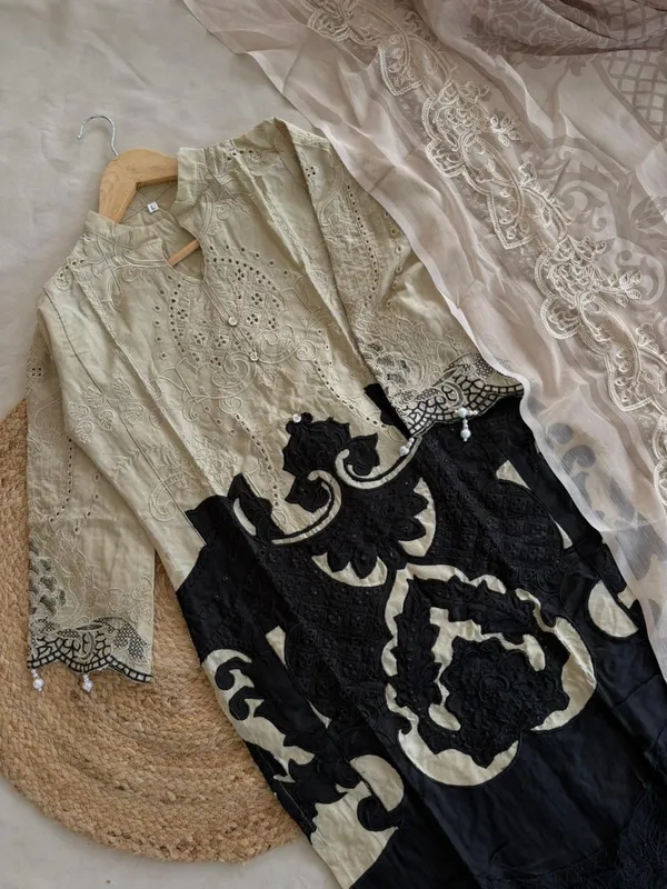 Black_And_Ivory_Premium_Cotton_Kurti_With_Pant_And_Dupatta_Set_For_Women