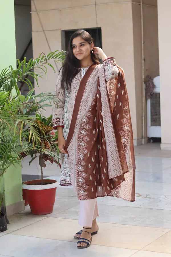 Coffee_Brown_Premium_Cotton_Kurti_With_Pant_And_Dupatta_Set_For_Women