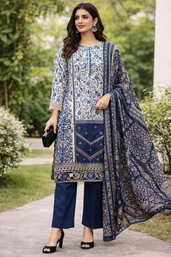 Cream_&_Blue_Digital_Print_Kurti_Pant_Dupatta_Set