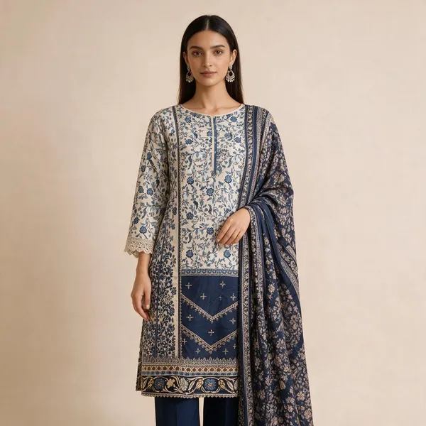 Cream_And_Blue_Premium_Cotton_Kurti_With_Pant_And_Dupatta_Set_For_Women