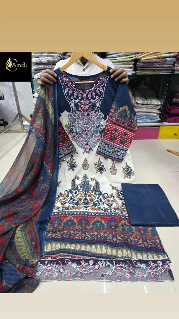 Cream_And_Blue_Premium_Cotton_Kurti_With_Pant_And_Dupatta_Set_For_Women