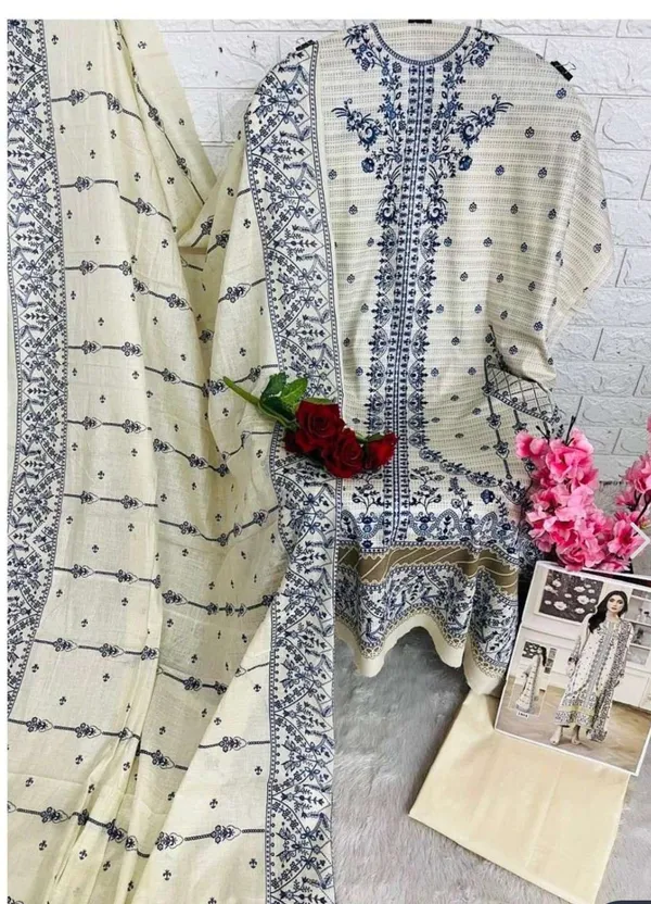 Cream_And_Blue_Premium_Cotton_Kurti_With_Pant_And_Dupatta_Set_For_Women