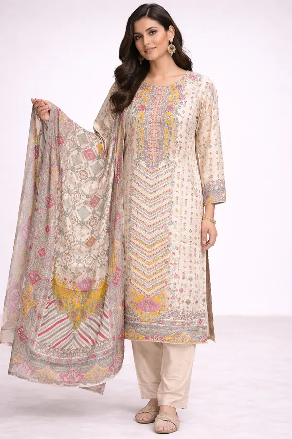 Cream_Premium_Pure_Muslin_Kurti_With_Pant_And_Dupatta_Set_For_Women