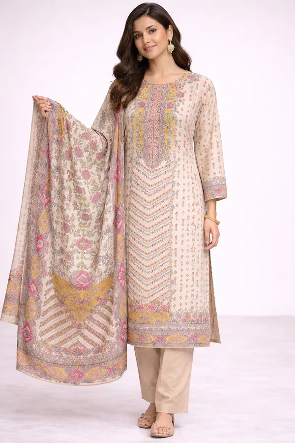 Cream_Premium_Pure_Muslin_Kurti_With_Pant_And_Dupatta_Set_For_Women
