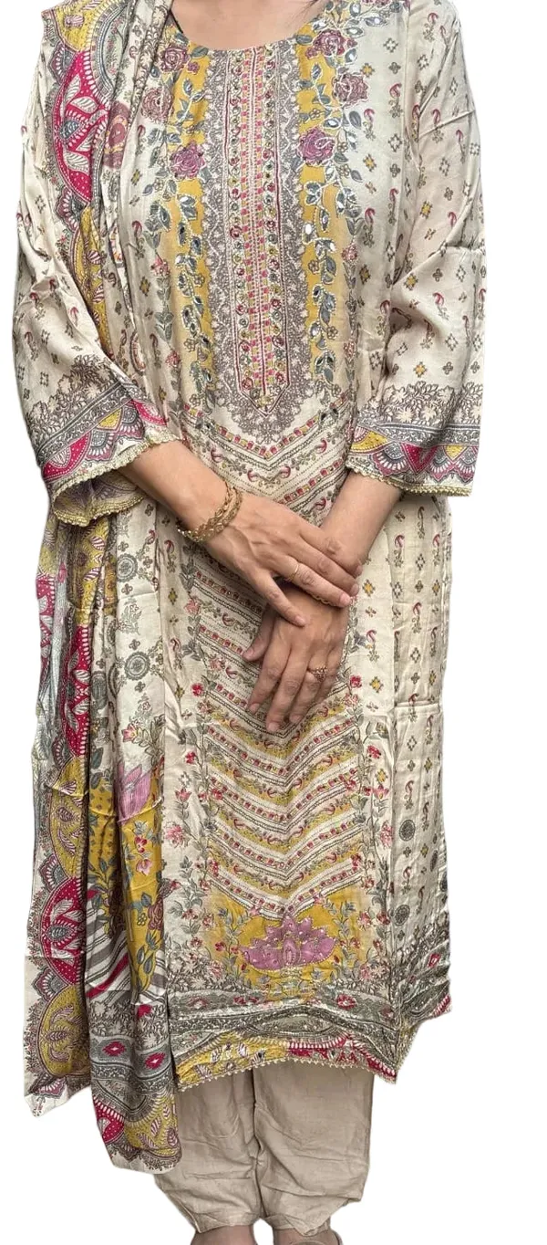 Cream_Premium_Pure_Muslin_Kurti_With_Pant_And_Dupatta_Set_For_Women