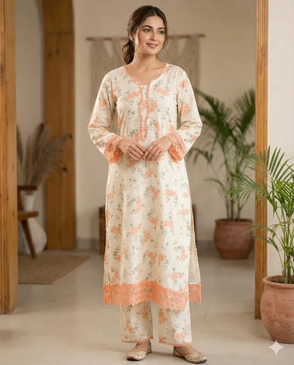 Cream_Premium_Cotton_Kurti_Pant_For_Women