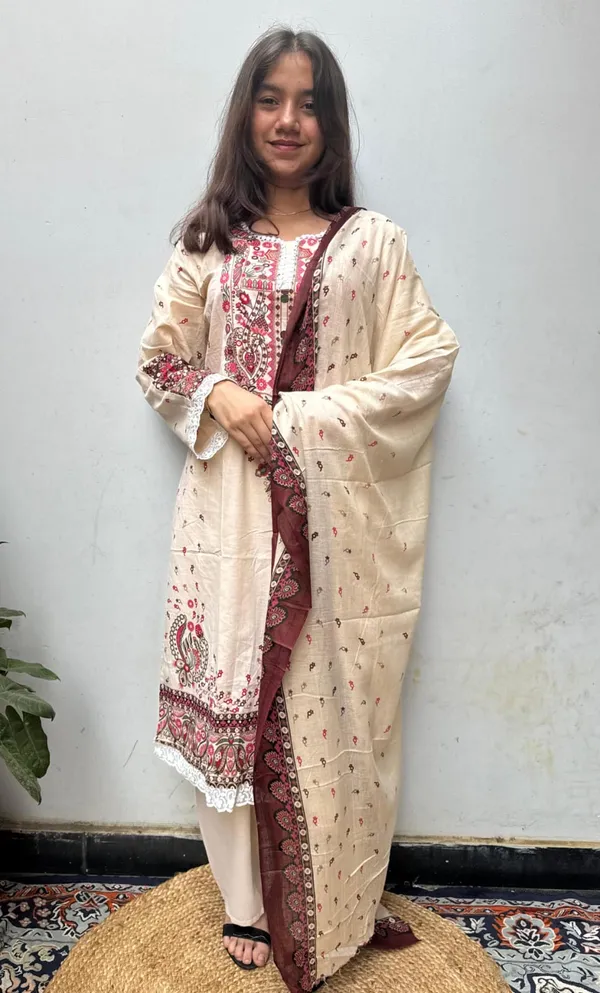 Cream_And_Red_Premium_Cotton_Kurti_With_Pant_And_Dupatta_Set_For_Women