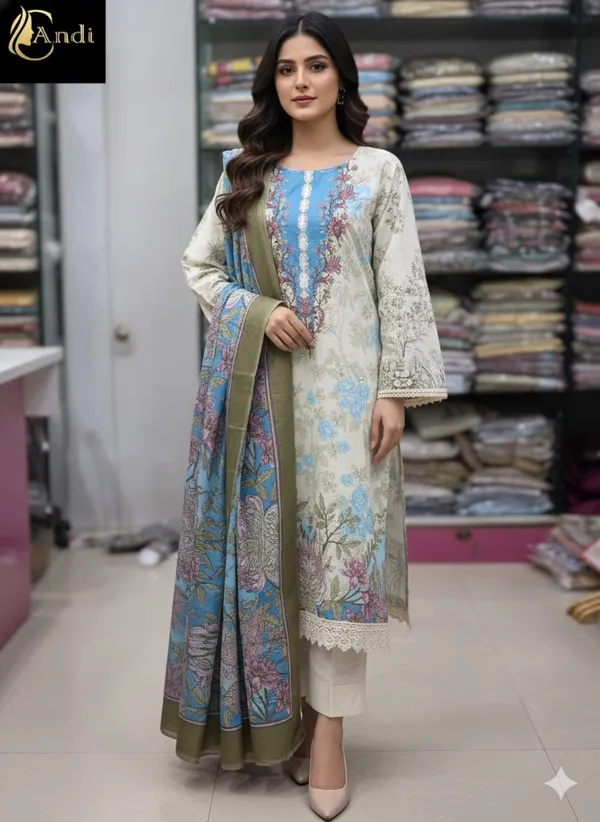 Cream_And_Sky_Blue_Premium_Cotton_Kurti_With_Pant_And_Dupatta_Set_For_Women
