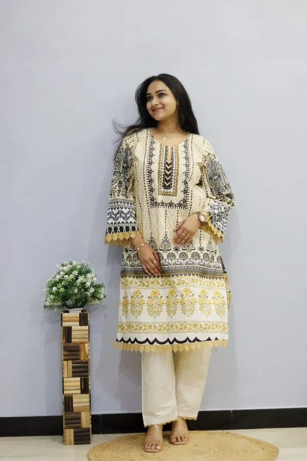 Cream_And_Yellow_Premium_Cotton_Kurti_With_Pant_And_Dupatta_Set_For_Women