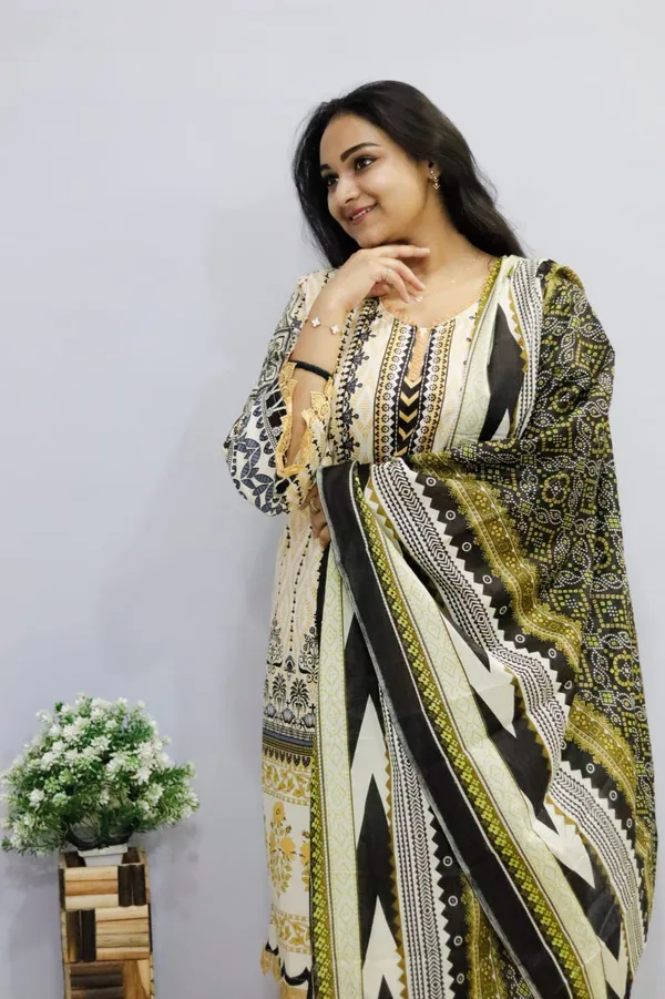 Cream_And_Yellow_Premium_Cotton_Kurti_With_Pant_And_Dupatta_Set_For_Women