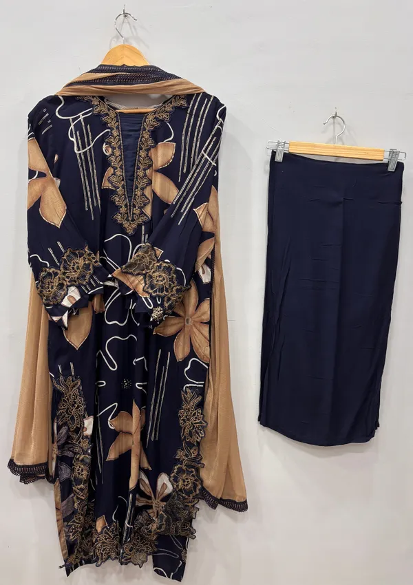 Navy_Blue_And_Beige_Premium_Rayon_Kurti_With_Pant_And_Dupatta_Set_For_Women