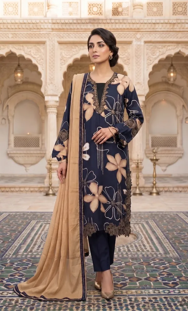Navy_Blue_And_Beige_Premium_Rayon_Kurti_With_Pant_And_Dupatta_Set_For_Women