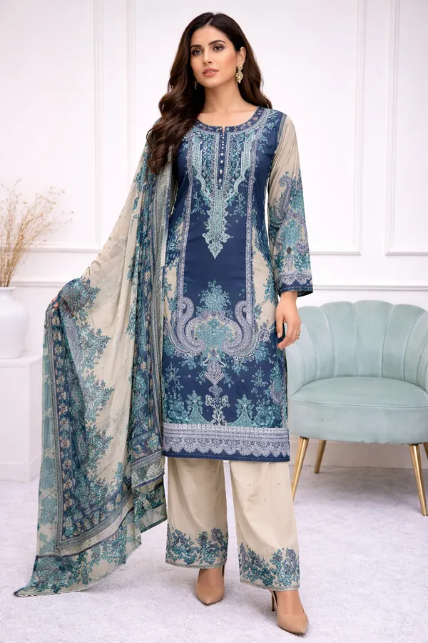 Blue_Premium_Cotton_Kurti_With_Pant_And_Dupatta_Set_For_Women