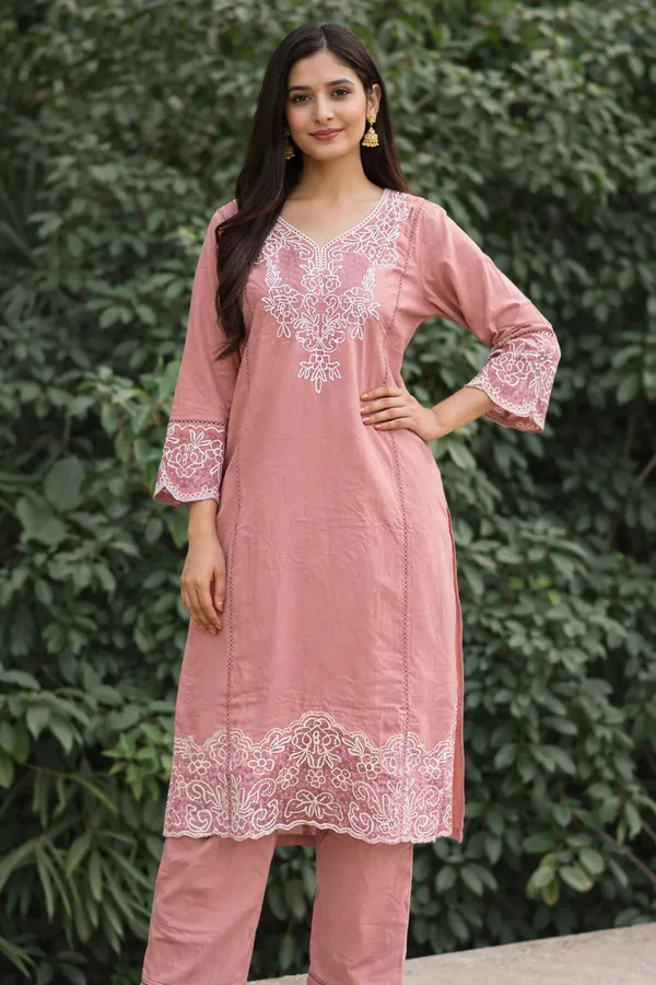 Dusty_Pink_Premium_Cotton_Kurti_With_Pant_And_Dupatta_Set_For_Women
