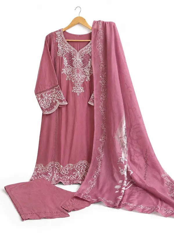 Dusty_Pink_Premium_Cotton_Kurti_With_Pant_And_Dupatta_Set_For_Women