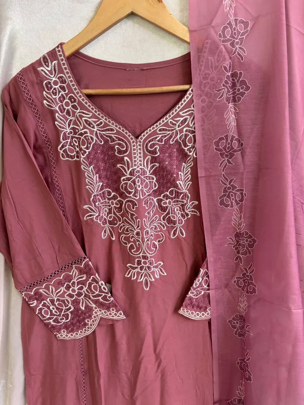 Dusty_Pink_Premium_Cotton_Kurti_With_Pant_And_Dupatta_Set_For_Women