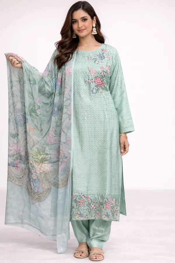 Mint_Green_Premium_Cotton_Kurti_With_Pant_And_Dupatta_Set_For_Women