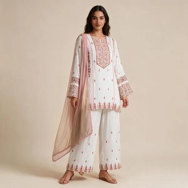 White_Premium_Rayon_Kurti_With_Pant_And_Dupatta_Set_For_Women