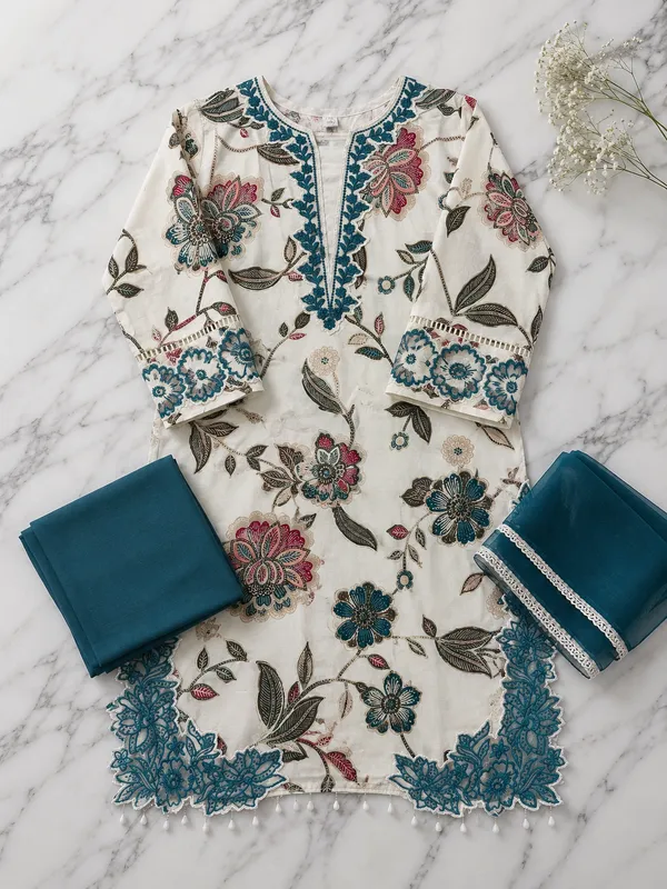 Ivory_And_Teal_Premium_Rayon_Kurti_With_Pant_And_Dupatta_Set_For_Women