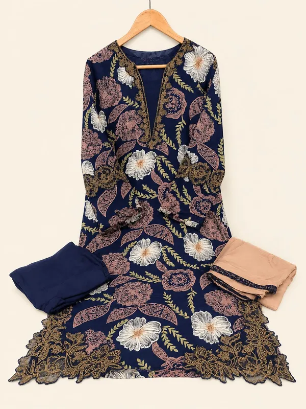 Black_And_Beige_Premium_Rayon_Kurti_With_Pant_And_Dupatta_Set_For_Women