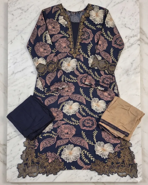 Black_And_Beige_Premium_Rayon_Kurti_With_Pant_And_Dupatta_Set_For_Women