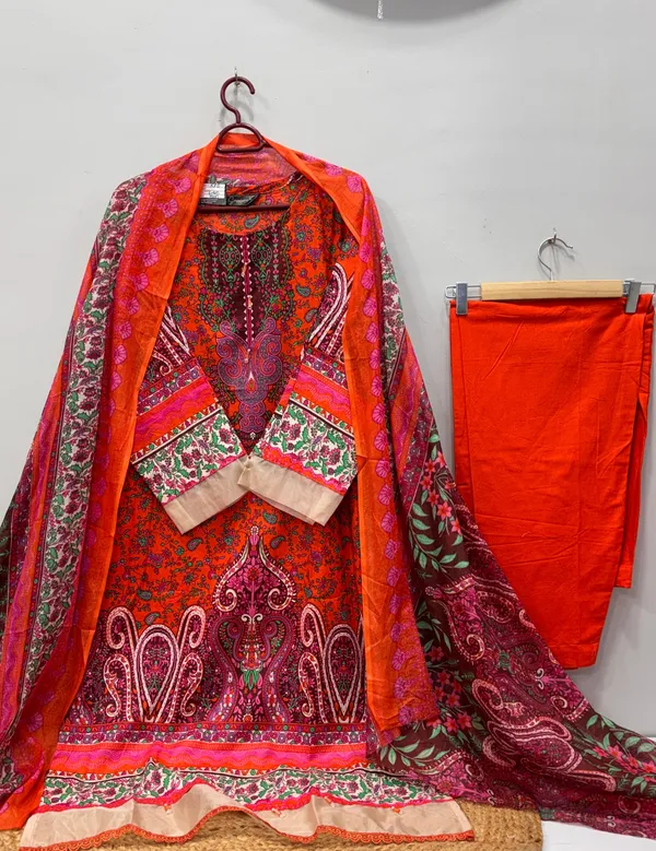 Coral_And_Red_Premium_Rayon_Kurti_With_Pant_And_Dupatta_Set_For_Women