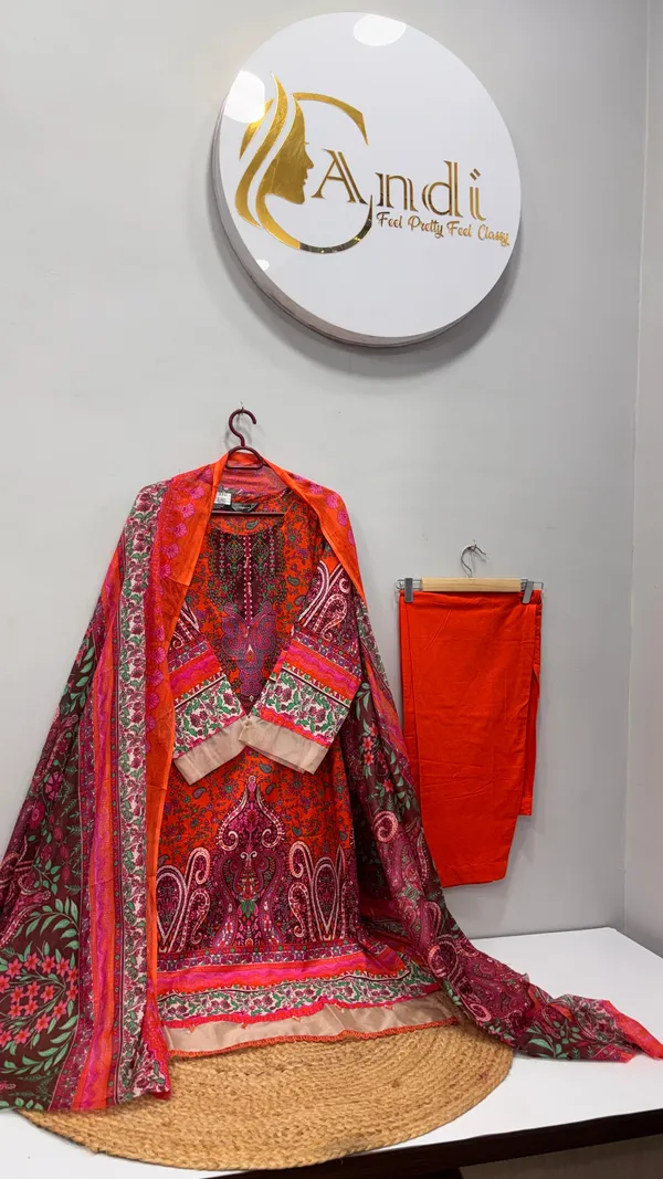 Coral_And_Red_Premium_Rayon_Kurti_With_Pant_And_Dupatta_Set_For_Women