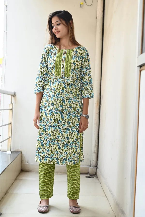 Green_Premium_Cotton_Kurti_Pant_For_Women