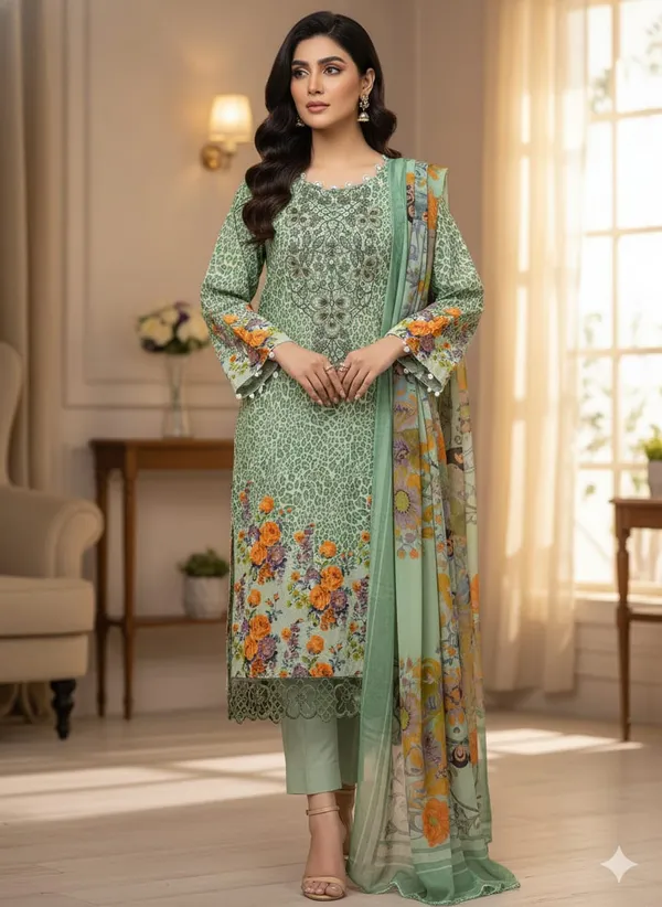Green_Premium_Cotton_Kurti_With_Pant_And_Dupatta_Set_For_Women