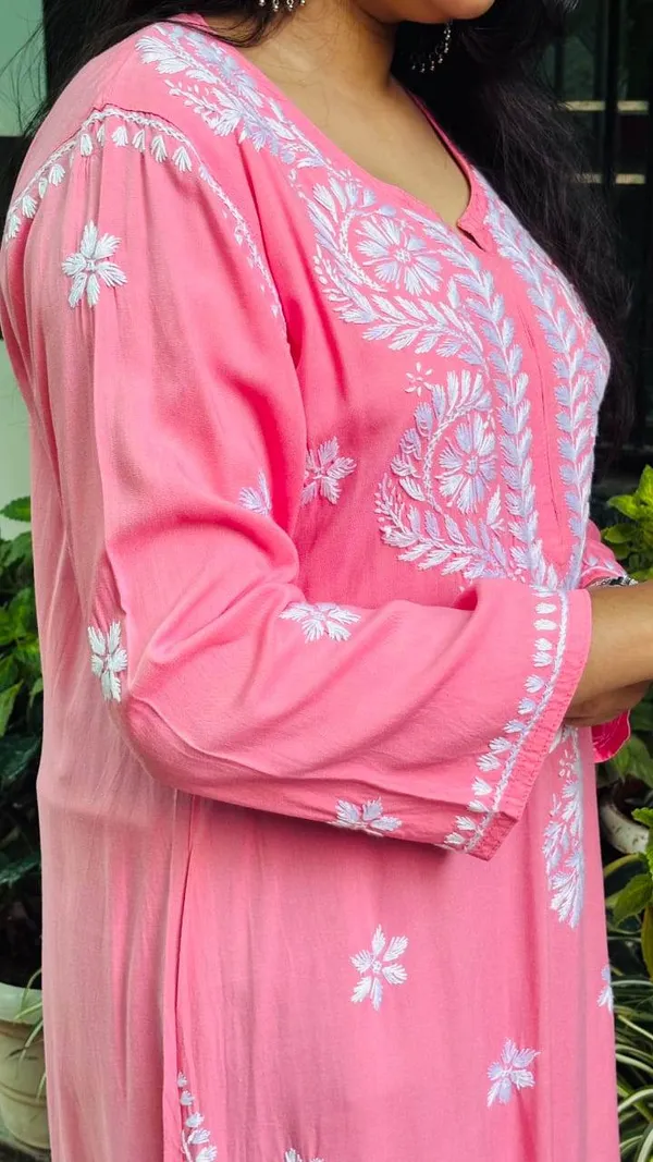 Peach_And_Pink_Premium_Rayon_Chikankari_Kurti_For_Women
