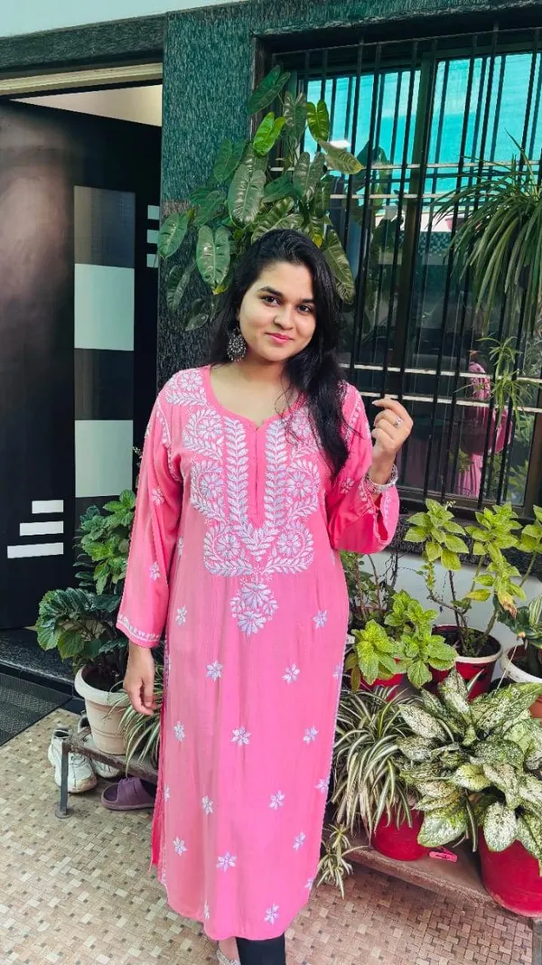 Peach_And_Pink_Premium_Rayon_Chikankari_Kurti_For_Women