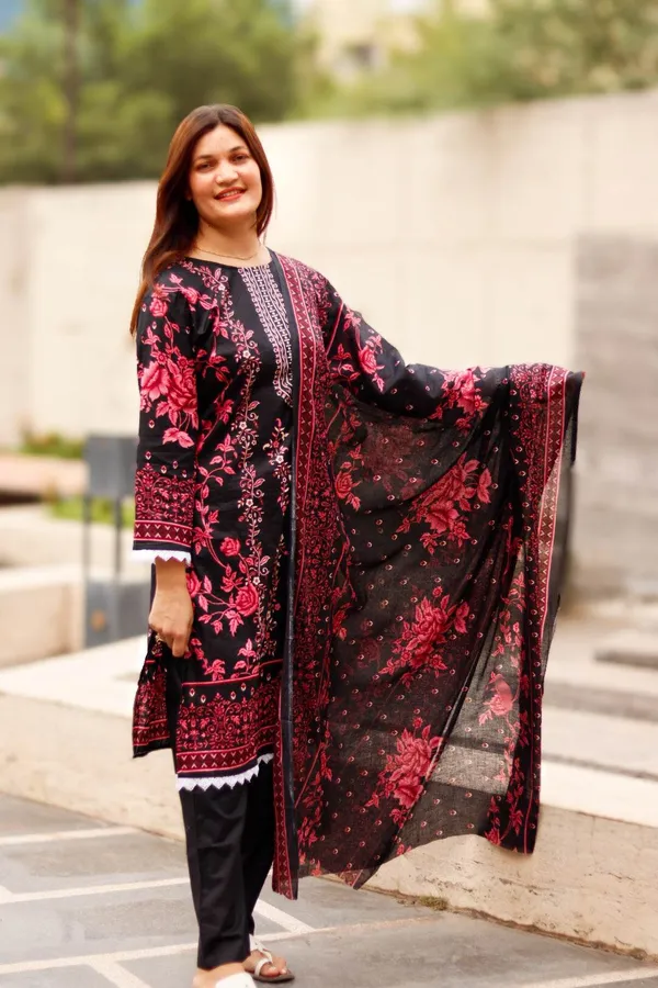 black_pink_Digital_printed_cotton_kurta_pant_dupatta_set