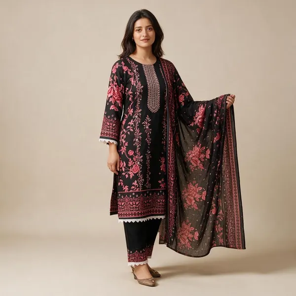 Black_And_Pink_Premium_Cotton_Kurti_With_Pant_And_Dupatta_Set_For_Women