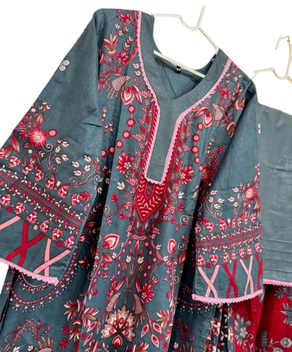 Grey_And_Red_Premium_Cotton_Kurti_With_Pant_And_Dupatta_Set_For_Women