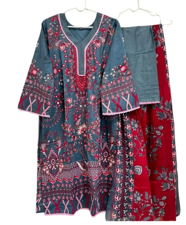 Grey_And_Red_Premium_Cotton_Kurti_With_Pant_And_Dupatta_Set_For_Women