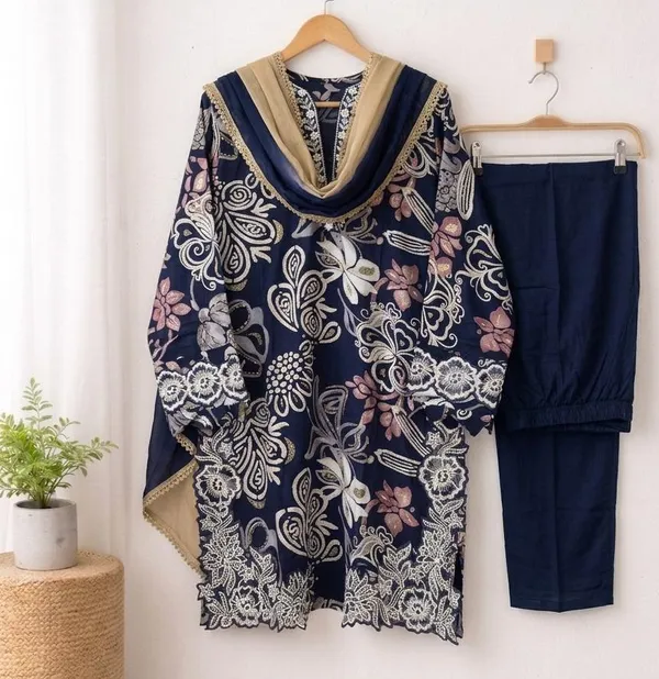 Blue_Premium_Rayon_Kurti_With_Pant_And_Dupatta_Set_For_Women