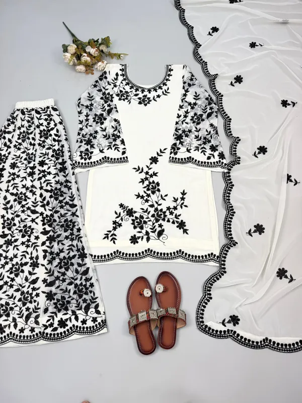 Ivory_And_Black_Premium_Rayon_Kurti_With_Pant_And_Dupatta_Set_For_Women