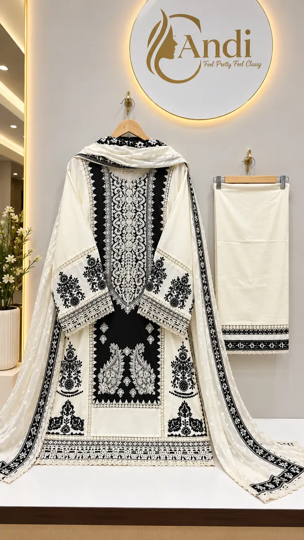Ivory_And_Black_Premium_Rayon_Kurti_With_Pant_And_Dupatta_Set_For_Women