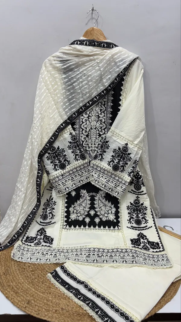 Ivory_And_Black_Premium_Rayon_Kurti_With_Pant_And_Dupatta_Set_For_Women