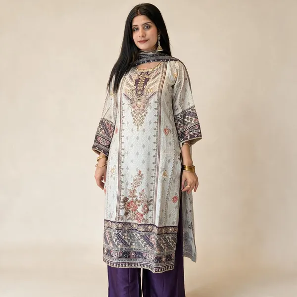 Ivory_And_Purple_Premium_Pure_Muslin_Kurti_With_Pant_And_Dupatta_Set_For_Women