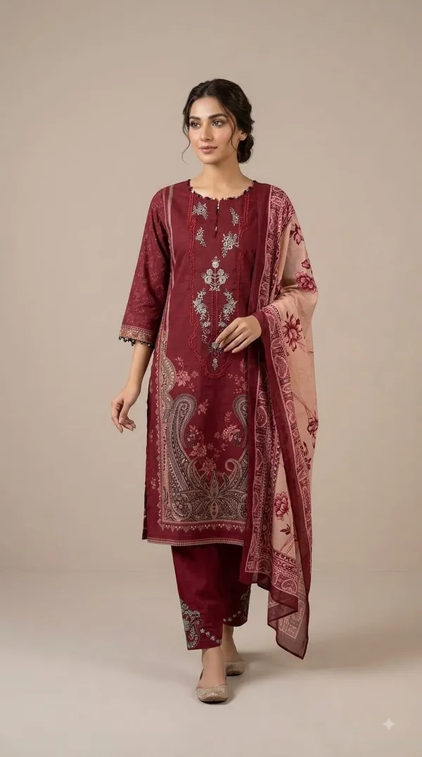 Maroon_Premium_Cotton_Kurti_With_Pant_And_Dupatta_Set_For_Women