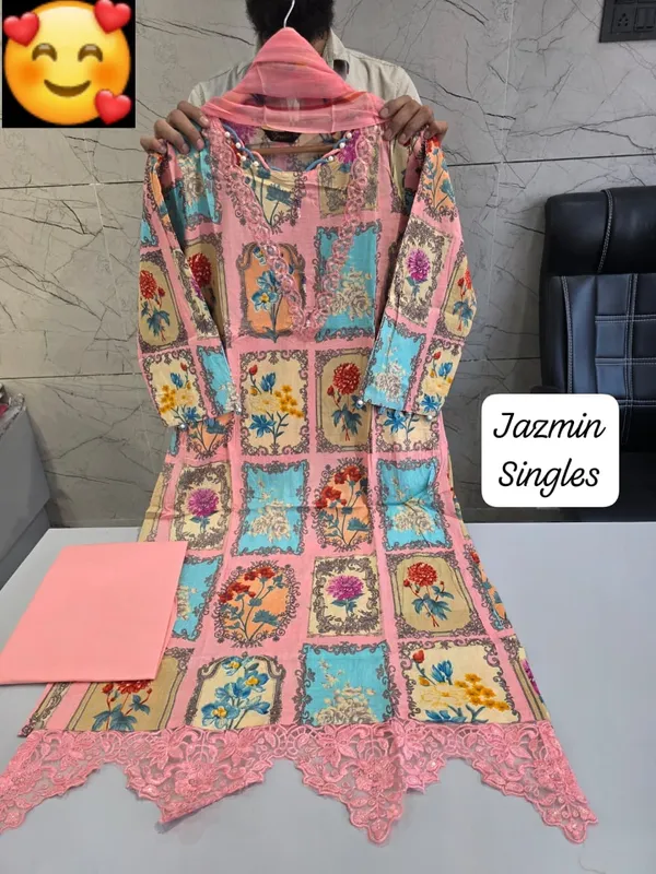 Pink_And_Multicolor_Premium_Cotton_Kurti_With_Pant_And_Dupatta_Set_For_Women