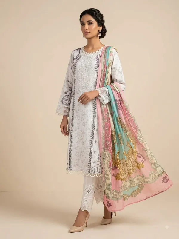 White_Premium_Cotton_Kurti_With_Pant_And_Dupatta_Set_For_Women