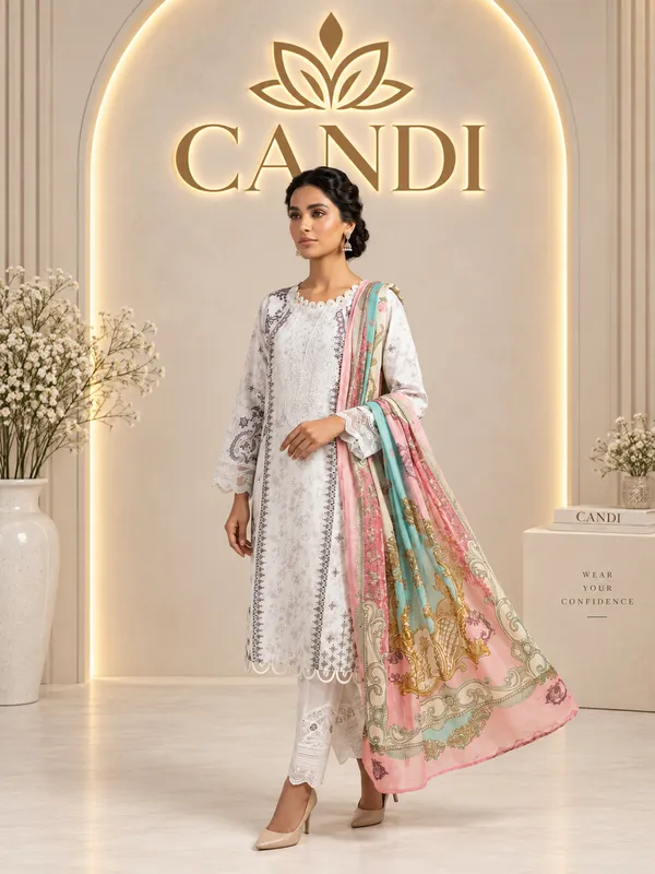 White_Premium_Cotton_Kurti_With_Pant_And_Dupatta_Set_For_Women