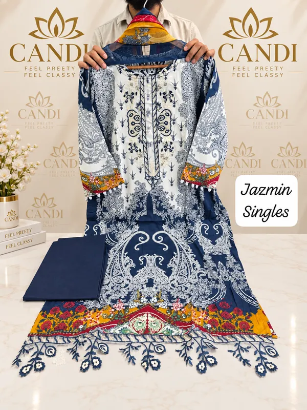 Navy_Blue_And_White_Premium_Cotton_Kurti_With_Pant_And_Dupatta_Set_For_Women