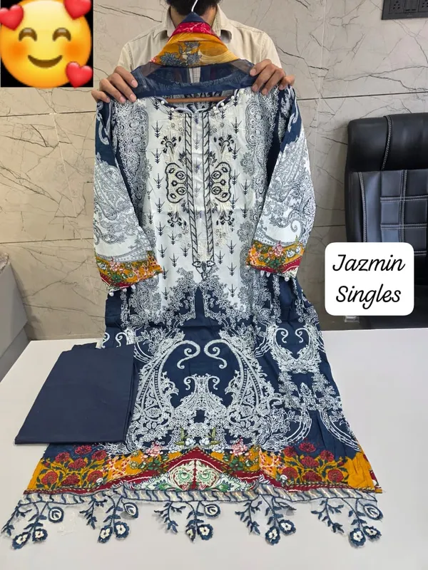Navy_Blue_And_White_Premium_Cotton_Kurti_With_Pant_And_Dupatta_Set_For_Women