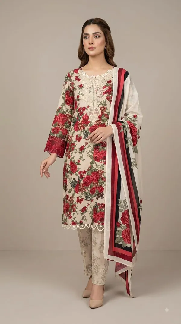 Red_And_Cream_Premium_Cotton_Kurti_With_Pant_And_Dupatta_Set_For_Women