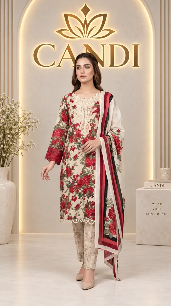 Red_And_Cream_Premium_Cotton_Kurti_With_Pant_And_Dupatta_Set_For_Women