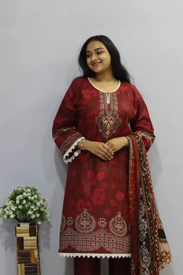 Maroon_Premium_Cotton_Kurti_With_Pant_And_Dupatta_Set_For_Women